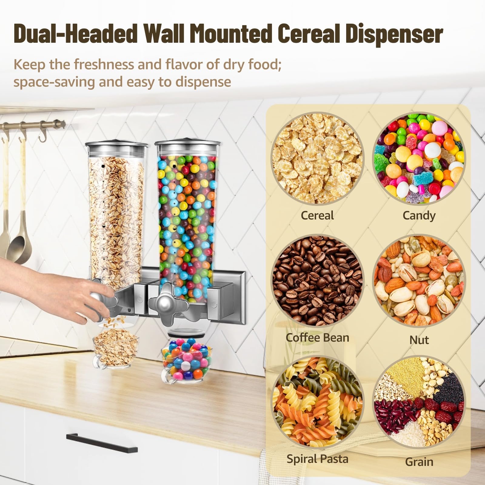 Distributore di cereali a parete a doppia testa, capacità 3 l, contenitore per alimenti secchi, chicchi di caffè, noci, snack, dispenser trasparente per cereali da cucina