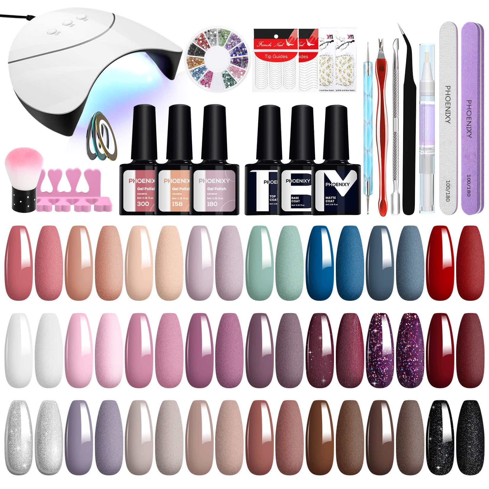 Phoenixy 24 Colores Kit Uñas Semipermanentes con Lámpara U V/LED de 36W Kit Uñas de Gel Completo con Base Top Coat y Mate Kit Manicura Semipermanente Marrón Morado
