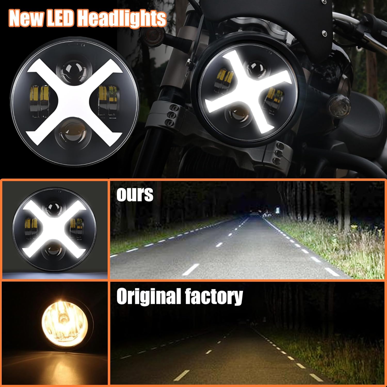 7 inch X Style Motorcycle Headlight White/Amber Motorcycle Headlight, Compatible with Street Glide,Softail Heritage,Road King,Electra Glide