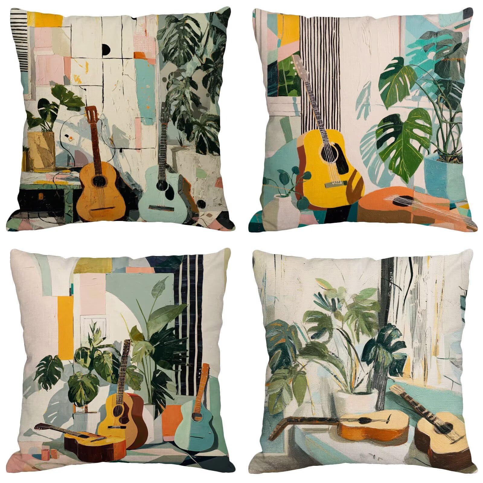 Colorato Cuscini per Divano Esterno Giardino Chitarra Cuscini 55x55cm Grandi Copricuscini per Divani Impermeabili Linoi Cushion Covers per Interno/Esterno Balcone Estate Decor Regalo,Set di 4 BZ-931
