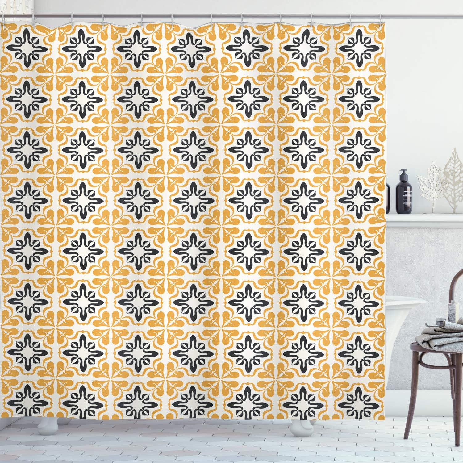 Ambesonne Mosaic Shower Curtain, Traditional Moroccan Portugal Pottery Tile Effect Geometric Floral Motifs, Cloth Fabric Bathroom Decor Set with Hooks, 105" Extra Wide, White Apricot Black