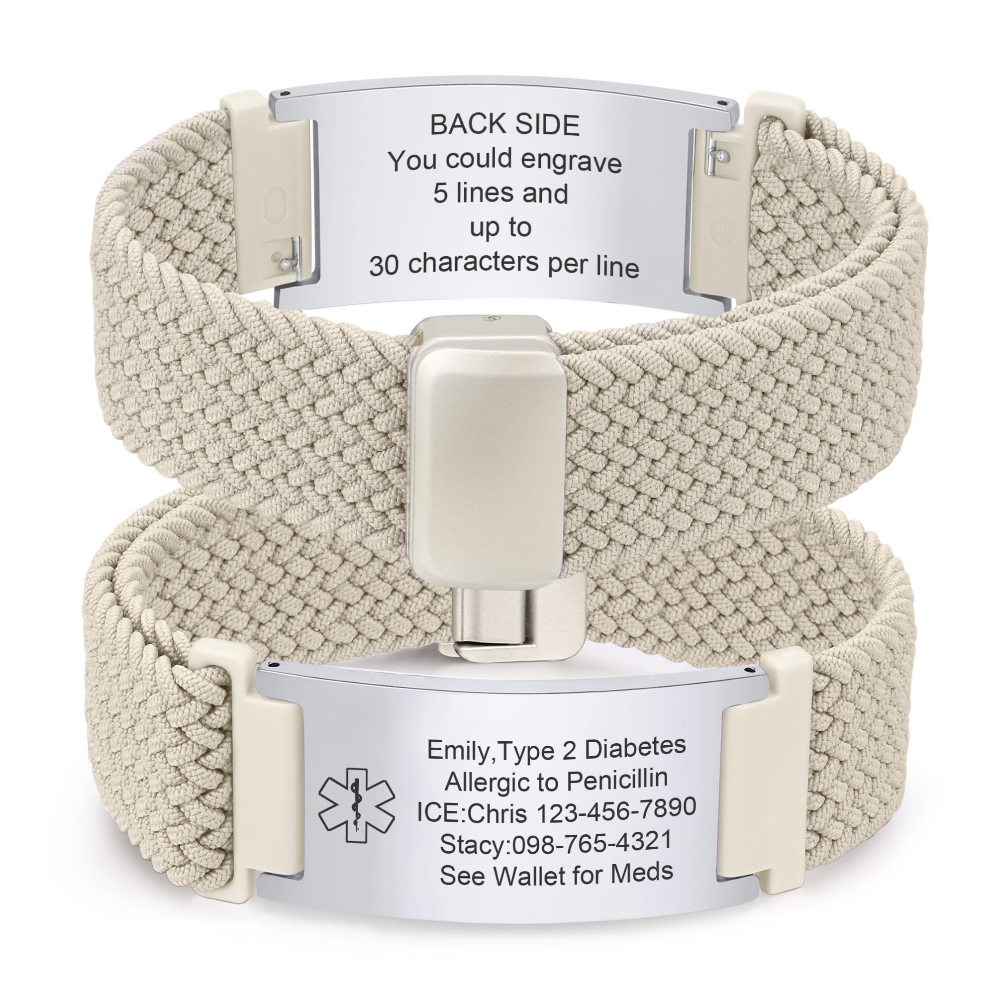 VNOX Medical Alert Id Bracelet for Men Women, Custom Engraving Elastic Braided Stretchy Loop Emergency Survival Medic Bracelets Wristband Loop Band with Removeable Tag