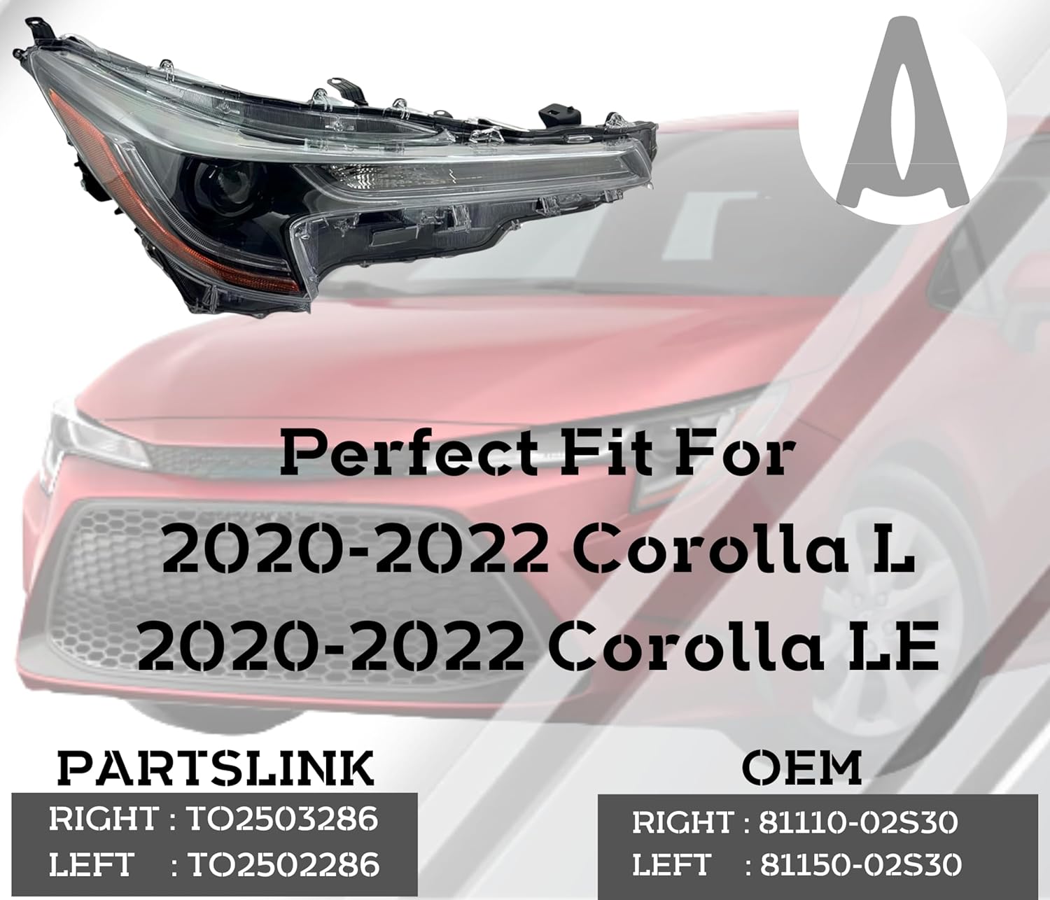 Headlight Assembly Replacement For 2020 2021 2022 Toyota Corolla L/LE Sedan LED Headlamp with Bulb Right/Passenger Side, Partslink TO2503286 / OEM 81110-02S30