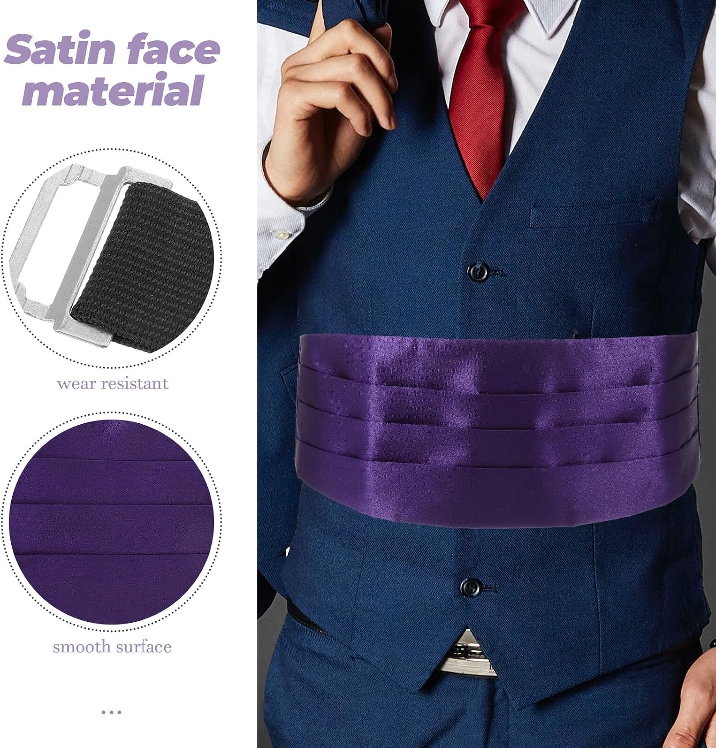 TOYANDONA Men’s Cummerbund Bow Tie Set Pocket Handkerchief, Satin Fabric, Deep Purple, Formal Wedding and Prom Accessories for Groom and Groomsmen