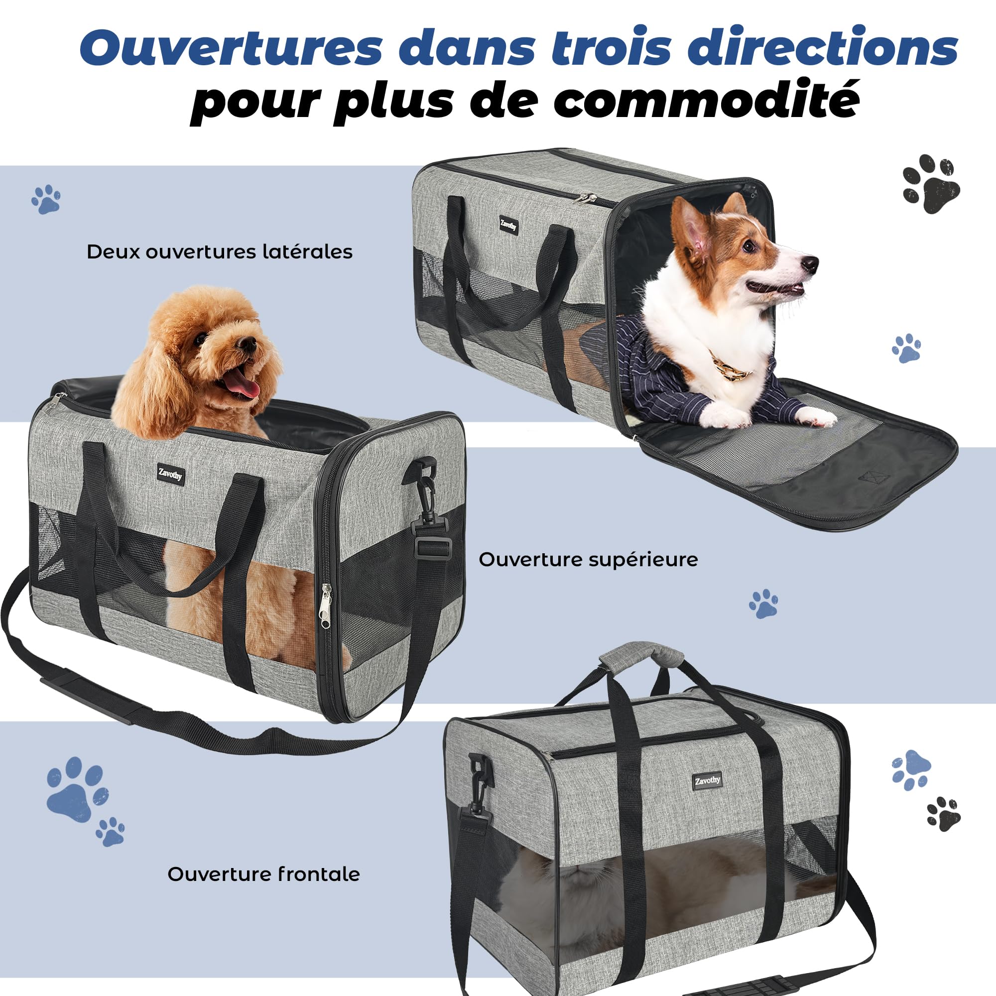 Zavothy Transporttasche für Katzen und Hunde, Transporttasche, atmungsaktiv und faltbar, Transportbox für Katzen mit verstellbarem Schultergurt, Abnehmbare Plüschmatratze (Grau, L)