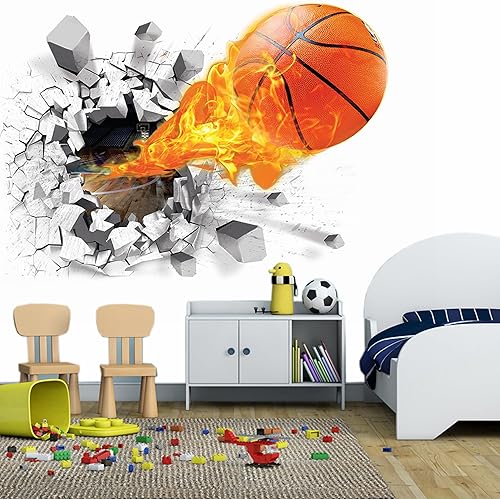 Large Blue Sky 3D Self-adhesive Removable Break Through The Wall Vinyl Wall Sticker/Mural Art Decals Decorator (3D Flying Flame Basketball Decals(2