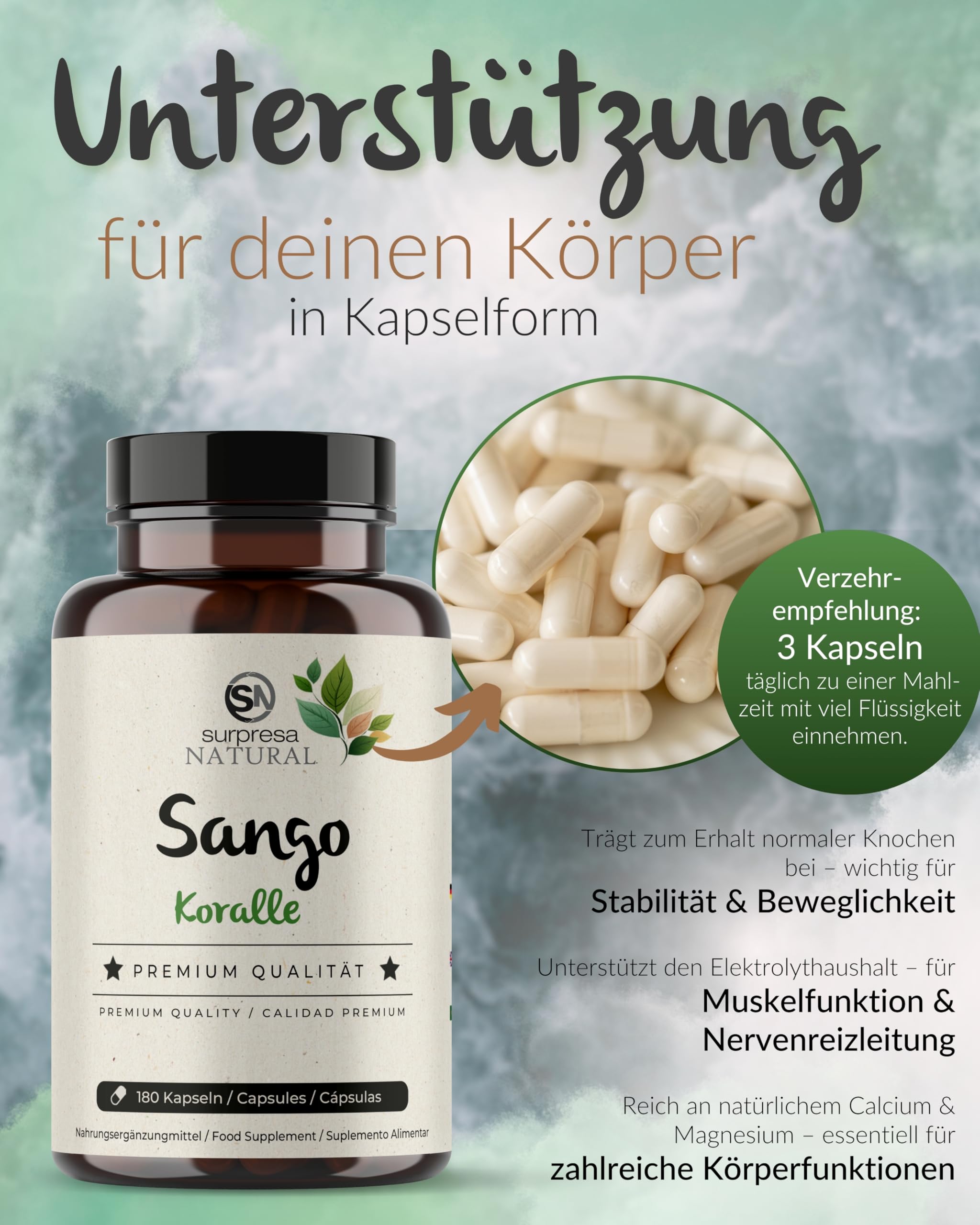 Sango-Meereskoralle-Kapseln I 3 x 180 Stück I Natürliches Supplement mit 3300mg Sango-Koralle-Pulver, 660mg Calcium & 330mg Magnesium I Vorrat für 6 Monate I hochdosiert & vegan