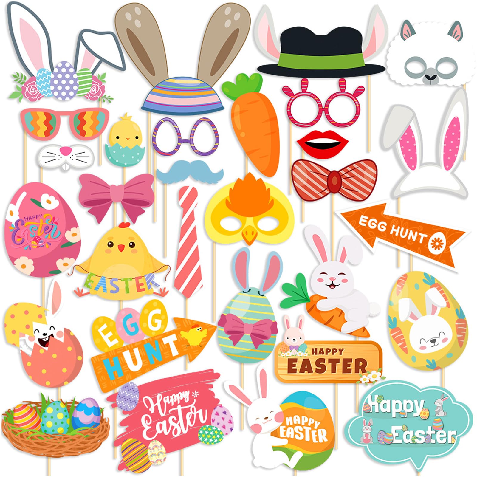 Easter Party Photo Booth Props - 30Pcs Funny Easter Party Photo BoothProps Kit.Themed Colorful Easter. Bunny Eggs PhotoBooth Props Accessories for Adults Kids. Home PartySupplies