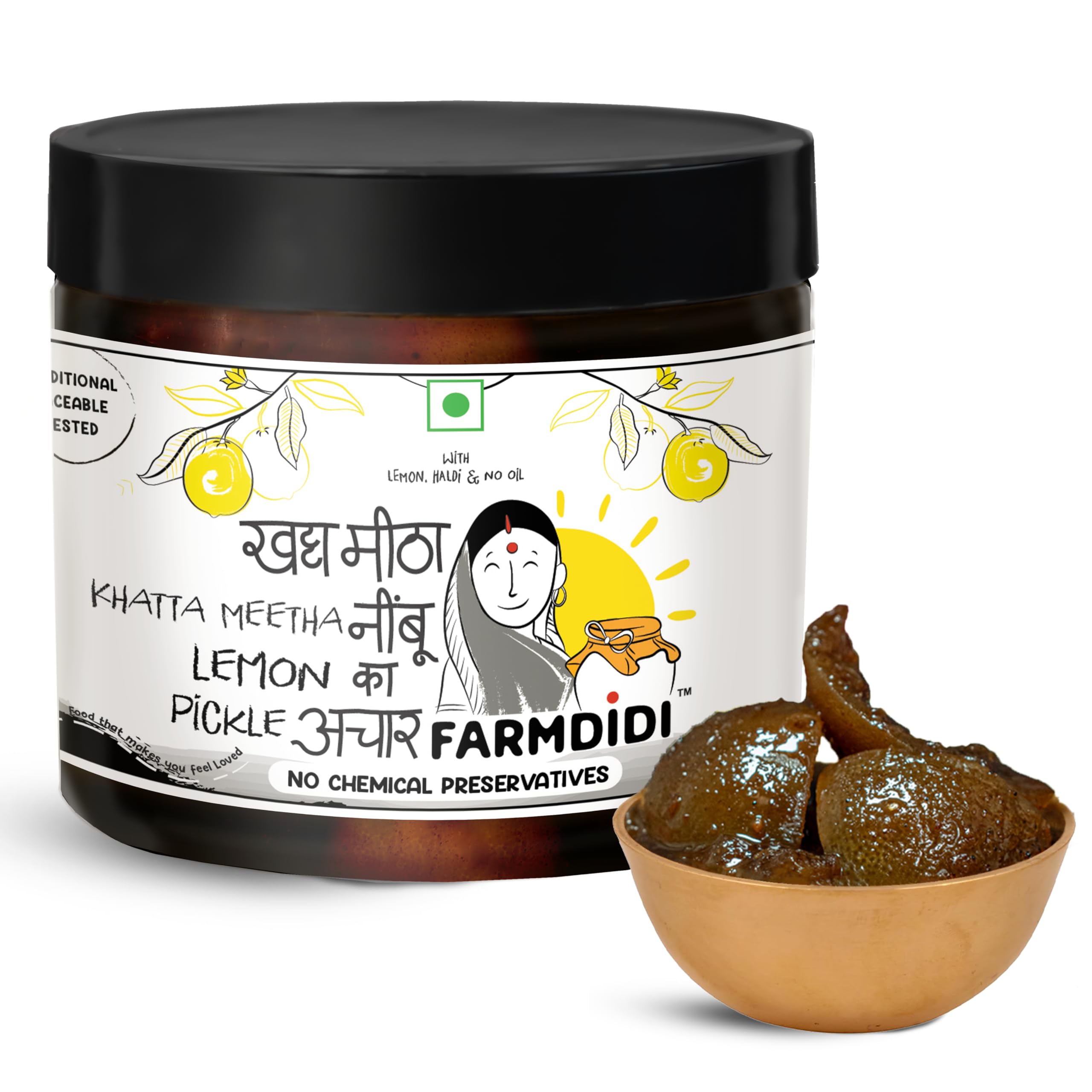 FarmDidi Black lemon Pickle 325G| Indian Homemade Nimbu ka kala Achar With No Onion & Garlic | Nimbu Ka Aachar With Grandma's Taste | Traditional Sweet & Sour Organically Processed Oil Free Traditional Recipe