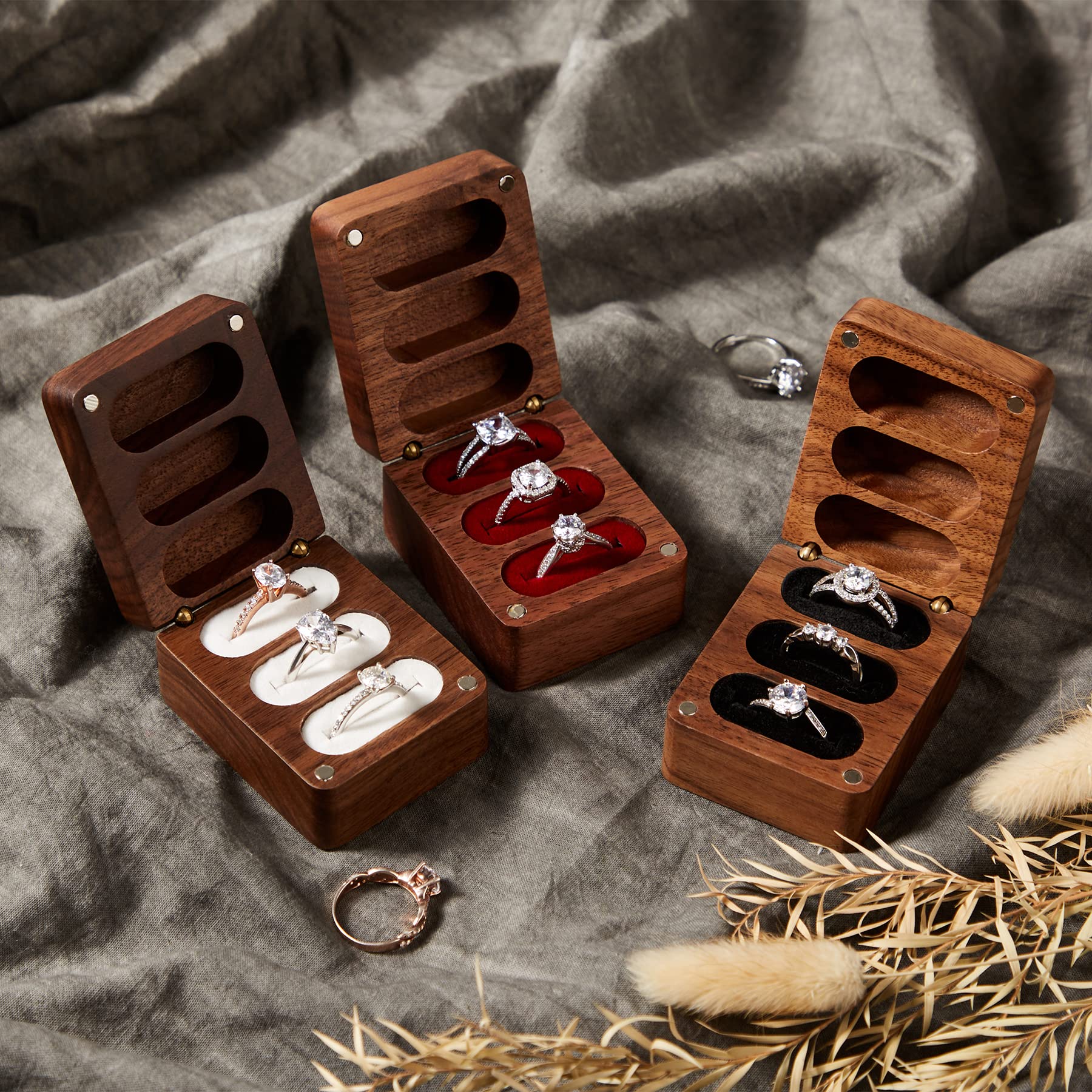 Roycraft Always & Forever Ring Box 3 Slot for Wedding Ceremony Engagement Birthday Ring Bearer Box Walnut Wooden Engraved - Black Lining