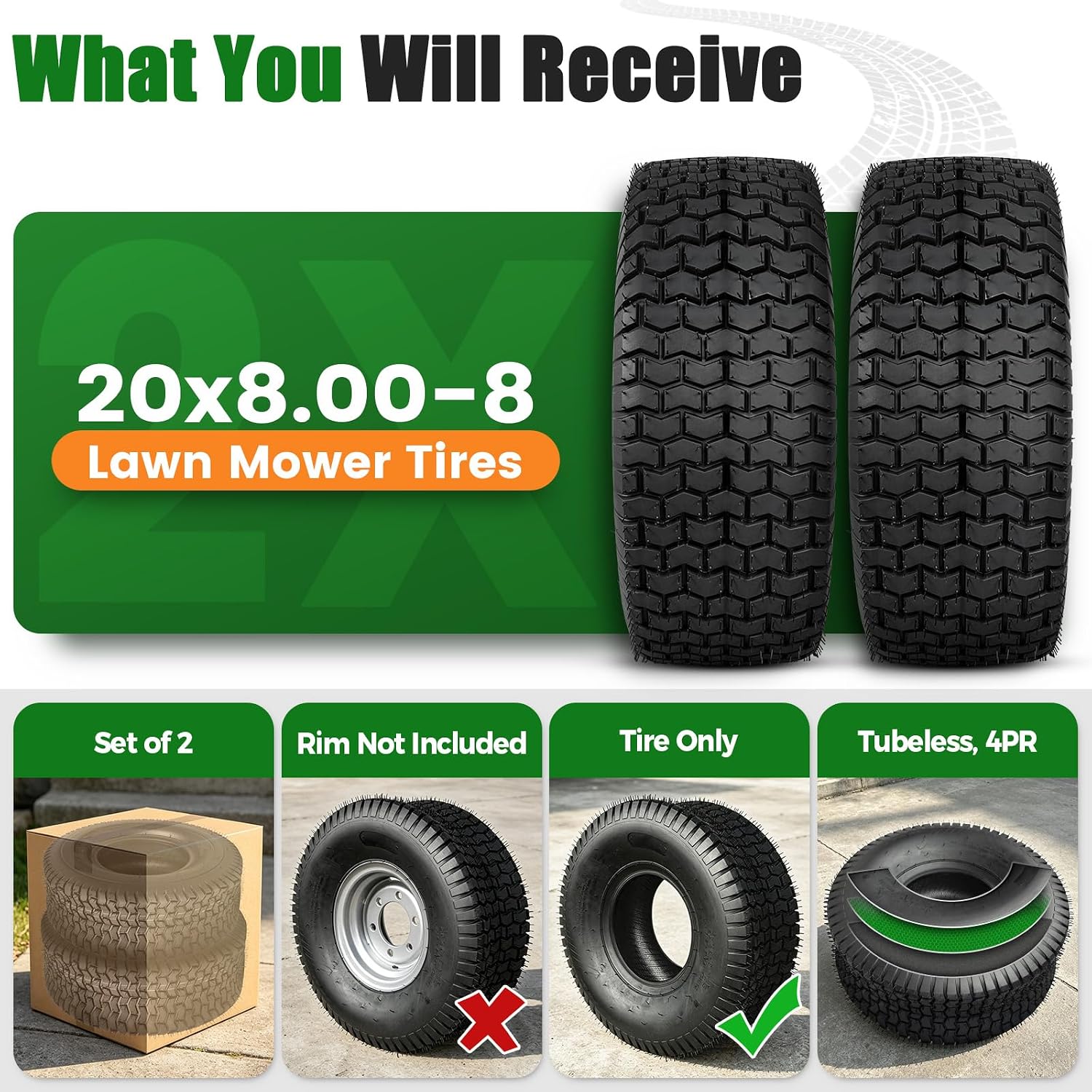 TRIPOWER 20x8.00-8 20x8x8 Lawn Mower Tires, Set of 2, 4PR Tubeless Turf Tires for Riding Mowers and Lawn Tractors, Tire Only, Rim Not Included, 945 lbs Capacity