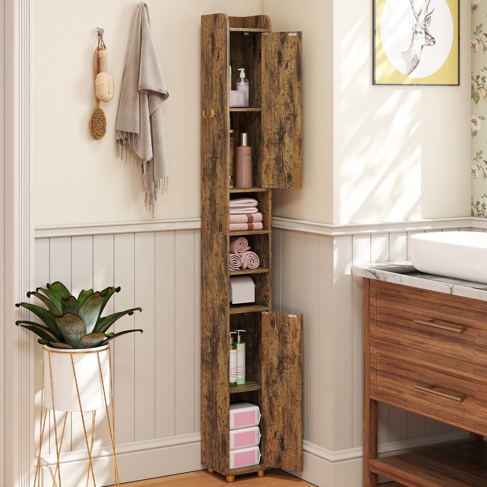 GIANTEX Colonne Salle de Bain Haute, Petit Meuble de Rangement Salle de Bain, 2 Portes, 1 Crochet, Étagère Réglable, Meuble Rangement pour Toilette, Salon, Bureau, 20x20x179 cm (3Étagère,Marron)