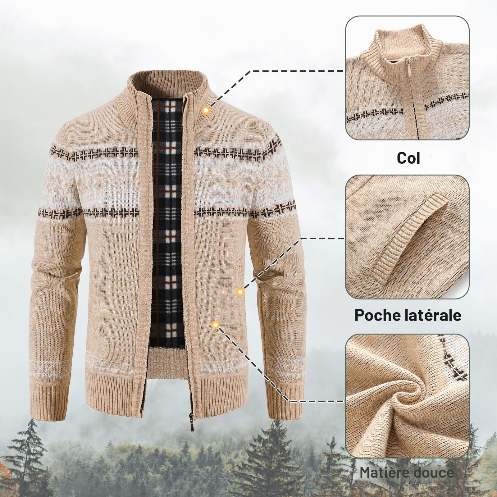 KUDORO Cardigan Gilet Homme Pull Cardigan en Tricot Ouvrez-Front Zippé | Chandail Chaud Slim Fit Épais avec Col Montant Tricot Décontractée Polaire