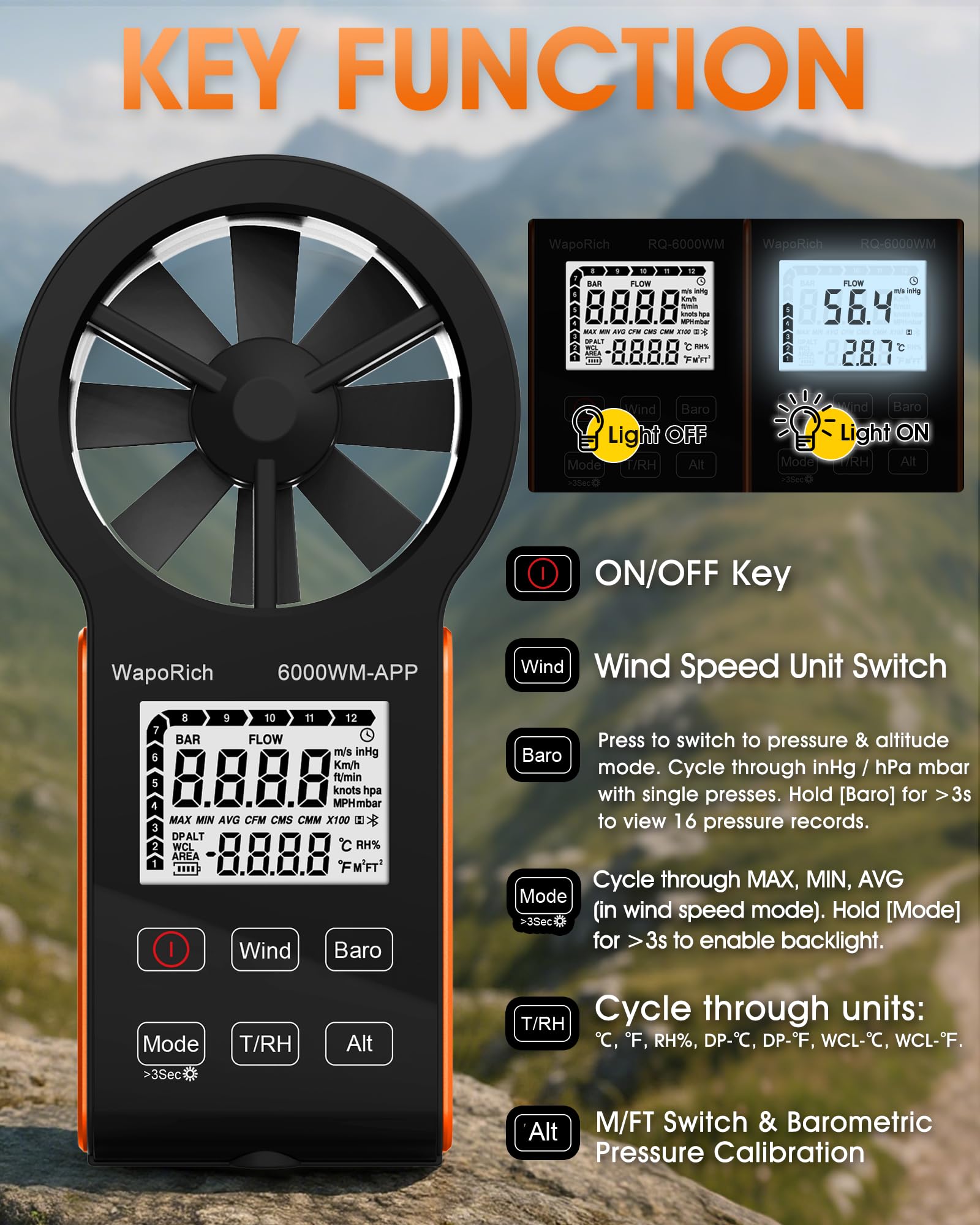 Bluetooth Anemometer, WapoRich 7-in-1 Windmesser Windmessgerät mit Luftdruck/Temperatur/Luftfeuchtigkeit/Taupunkt/Windchill/Höhenmesser App-kompatibel für HVAC, Drohnen, Segeln