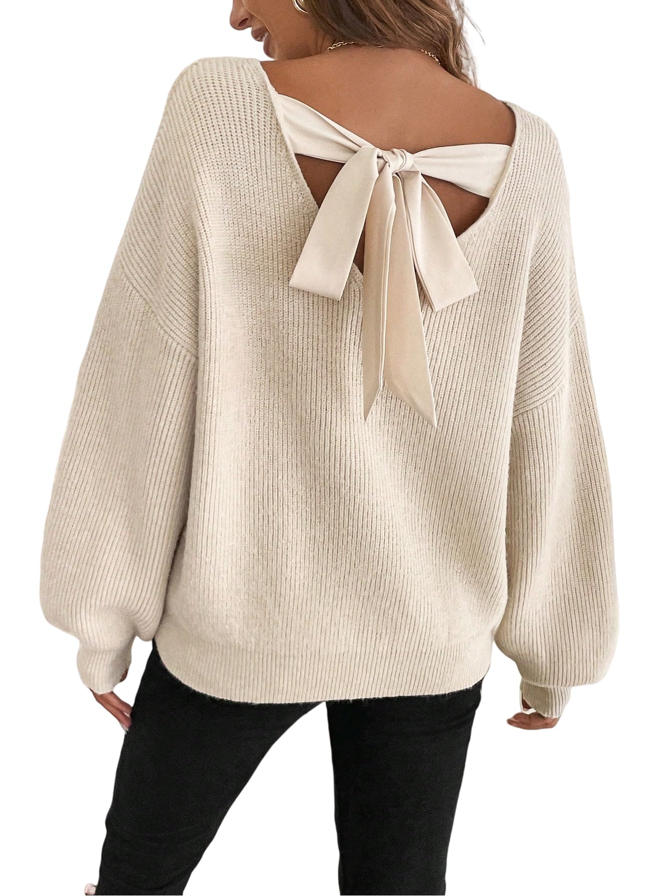 Womens Off The Shoulder Pullover Bow Tie Crew Neck Long Sleeve Sweater Cute Trendy Cozy Sweaters