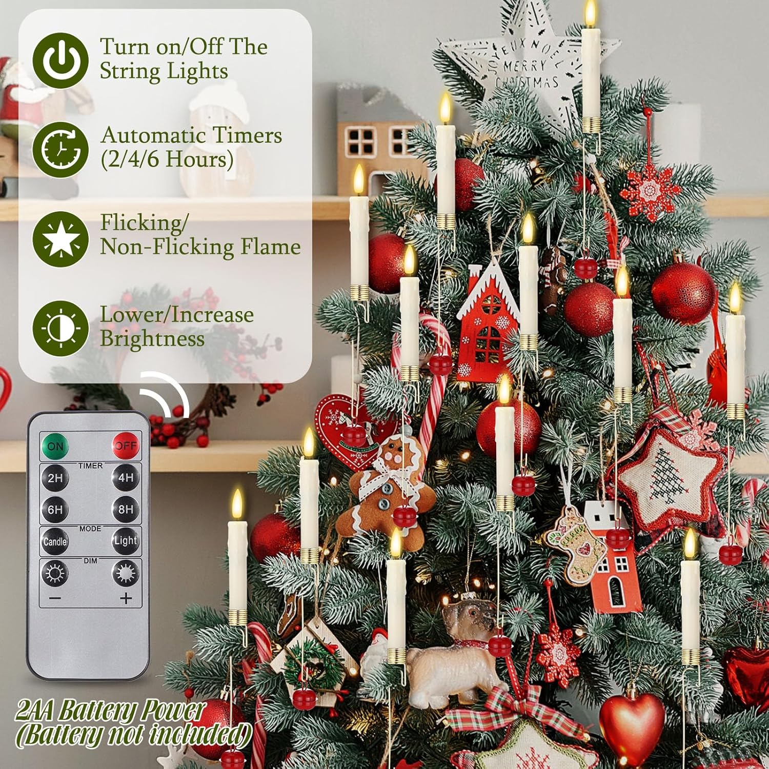 12 Set Christmas Tree Candles with Remote 5.3 Inch Battery Operated Hanging Christmas Candles with Bells LED Candlesticks Flickering Flameless Candlesticks for Xmas Tree Party Decor (Red)