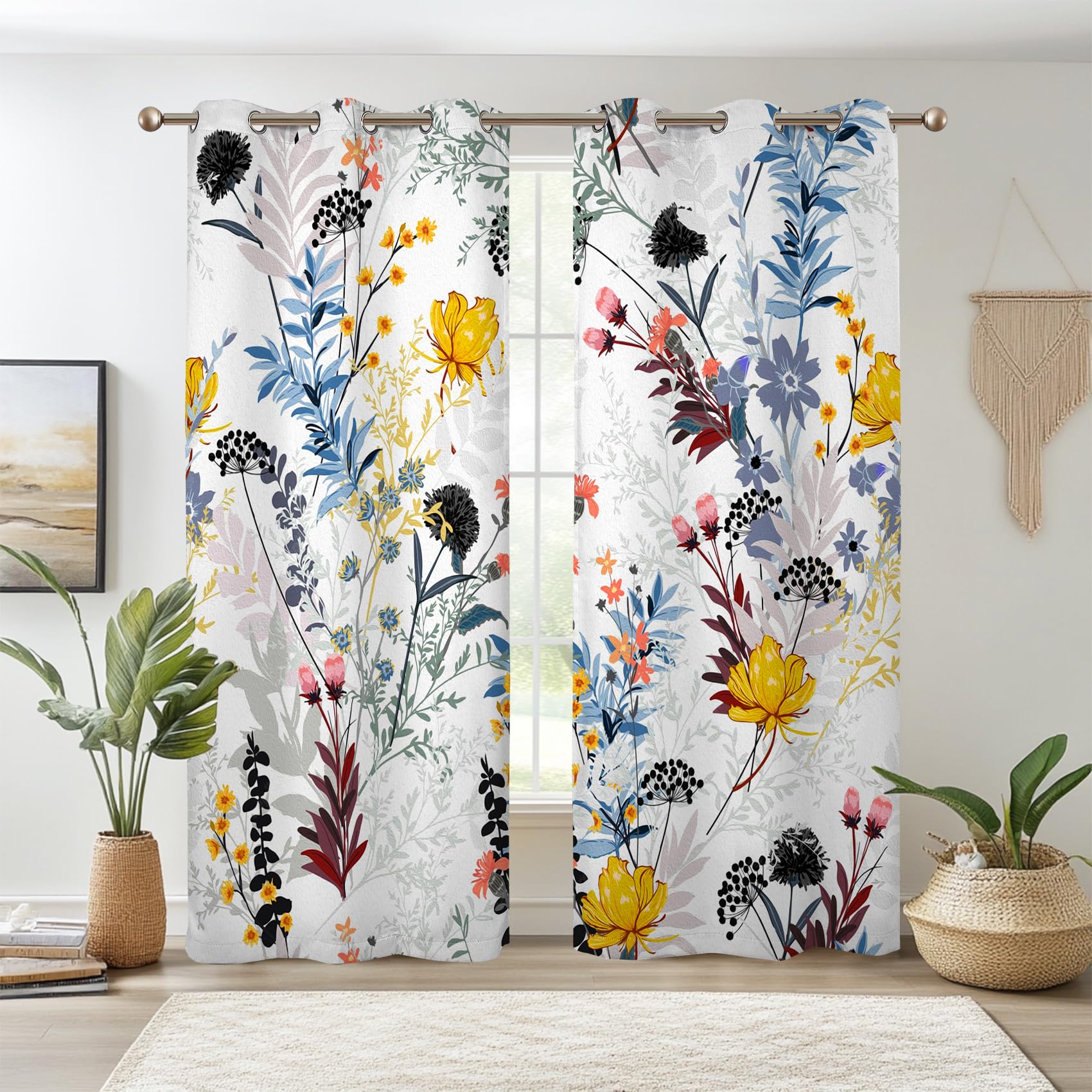 Renaiss Botanical Plants Blackout Curtains, Wild Flowers Plants Print Thermal Insulated Bedroom Window Curtains, Boho Floral Window Drapes for Living