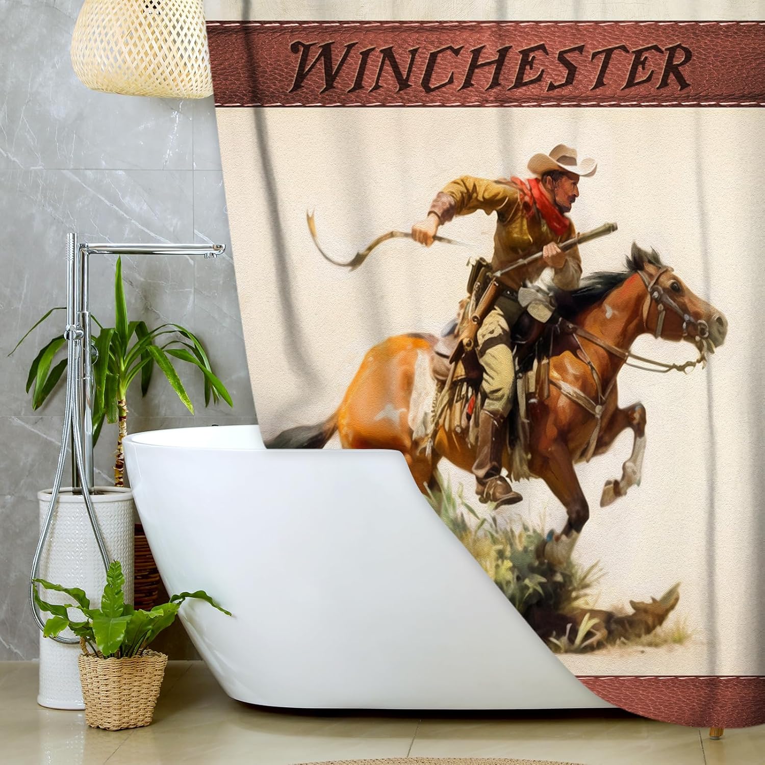 JAWO Western Shower Curtain Set Cowboy with Gun on Horse Retro Vintage Southwestern Themed Bathroom Decoration, Fabric Waterproof Cloth Curtains,