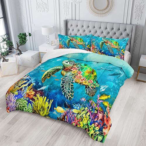 Miniatura 5 de Juego de edredón con diseño de tortuga y rosas, tamaño Queen, diseño de medusas y estrellas de mar, animales marinos, reptiles y 2 fundas de