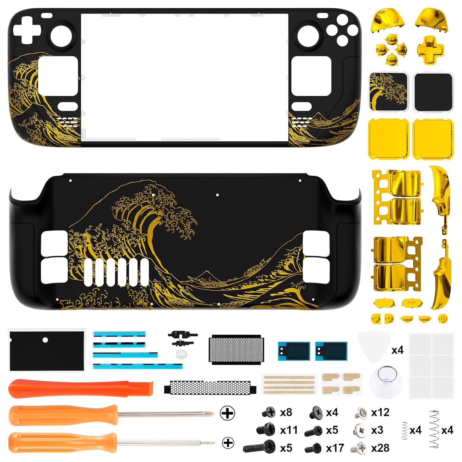 eXtremeRate Custom Faceplate Back Plate Shell for Steam Deck LCD, The Great Golden Wave Off Kanagawa - Black DIY Full Set Housing Case with Buttons for Steam Deck Handheld Console - Console Without
