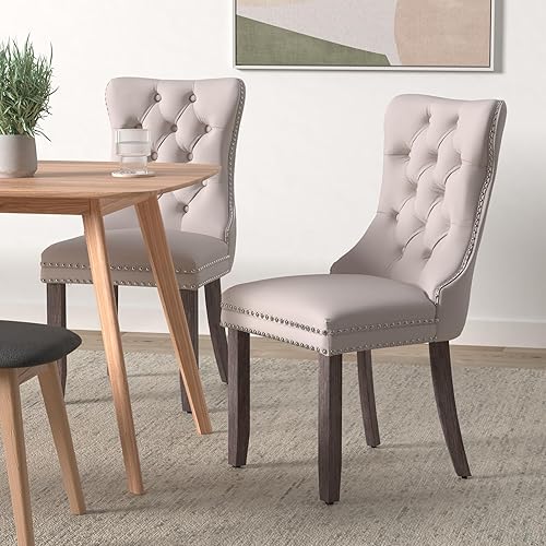 Miniatura 2 de Juego de 4 sillas de comedor de terciopelo beige, sillas de comedor tapizadas con adorno de tirador de anillo trasero y patas de madera maciza,