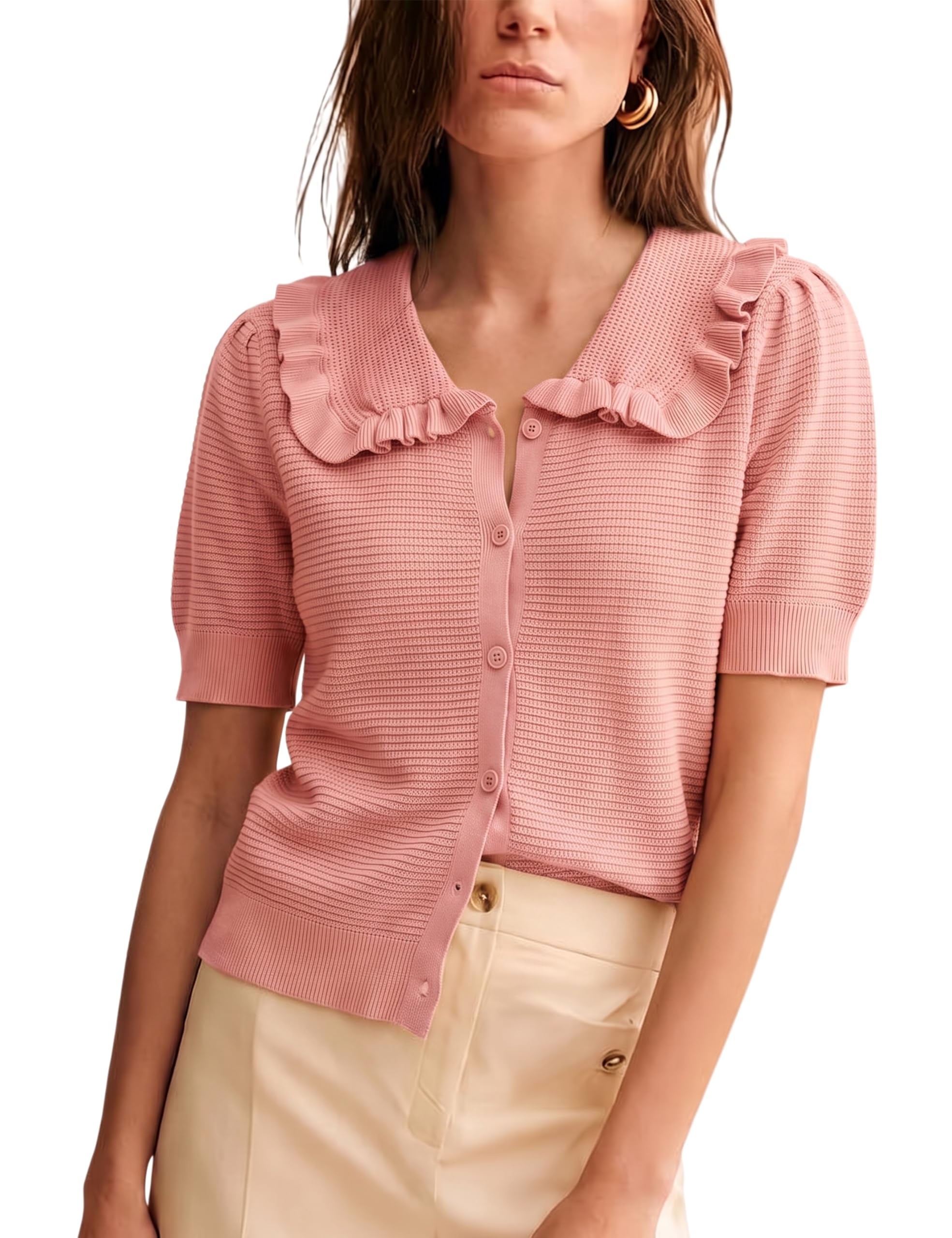 watashi Womens Short Sleeve Sweaters Casual Button Down Ruffle Collared Puff Sleeve Knit Spring Summer Sweater Top-picture-43