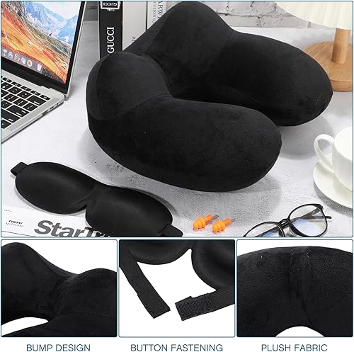 Miniatura 3 de Suzile 3 piezas de almohada inflable de viaje para viajar con 3 máscaras de ojos, 3 tapones para los oídos en forma de U almohada inflable de avión