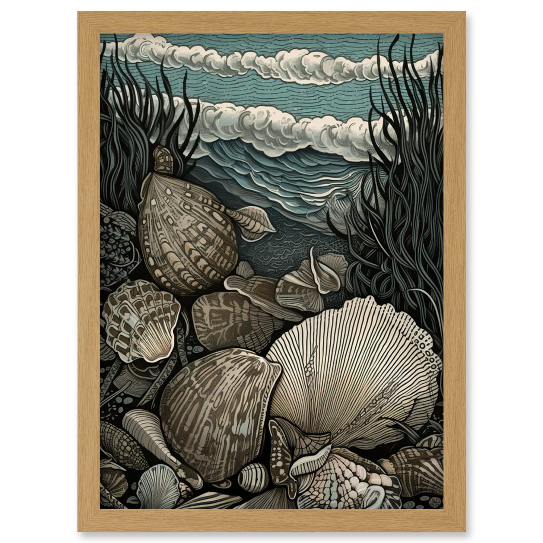 Artery8 Seashells by the Shore Modern Coastal Illustration Artwork Framed Wall Art Print A4