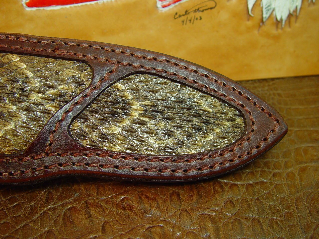 Knife Sheath That Is Made To Fit A Buck Vanguard Inlayed With Rattle Snake. Knife Sheath Only