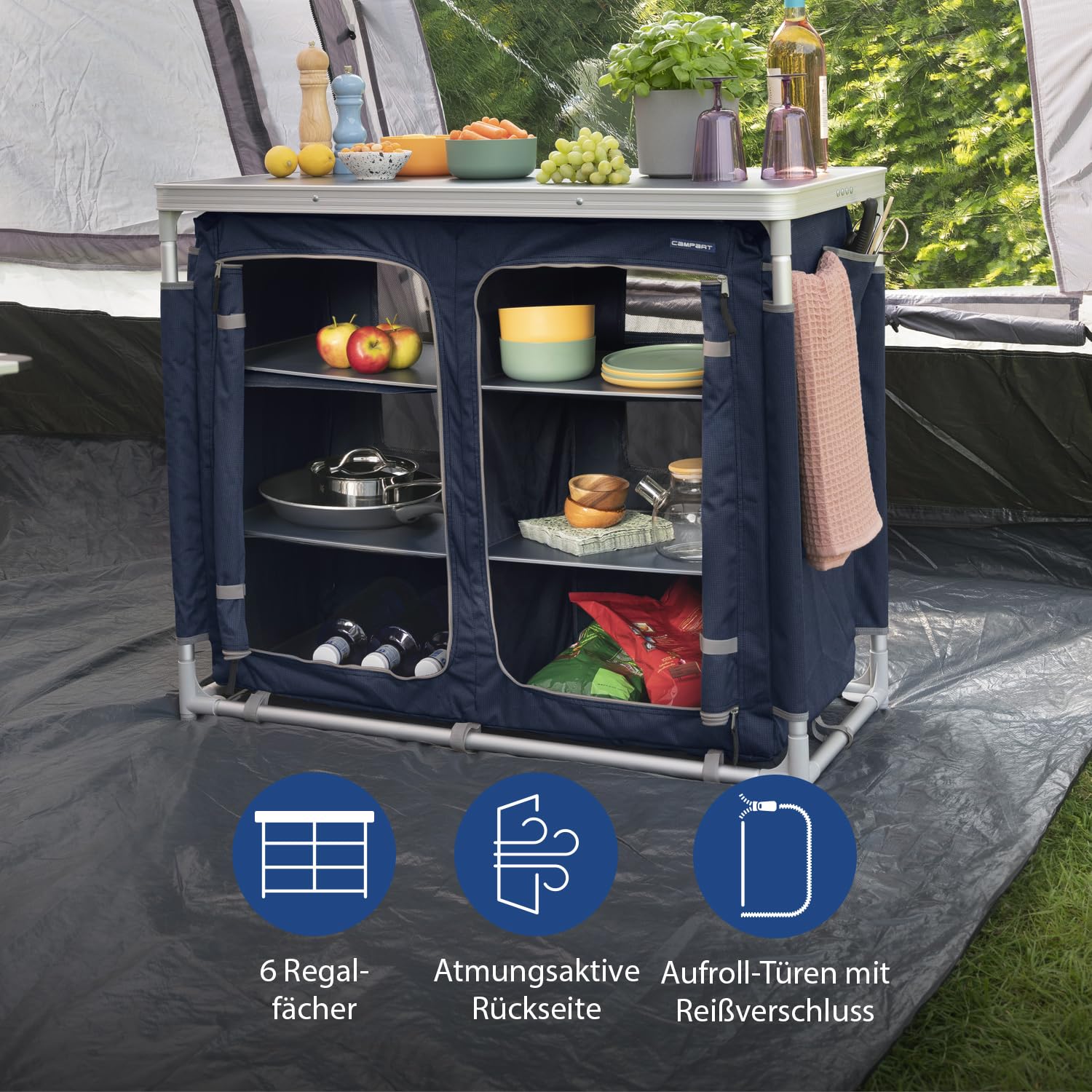 Campart Camping Küche Bilbao – 2 Fächer mit je 3 Ablagen – 4 Seitentaschen – 4 verstellbare Füße – Inklusive Tragetasche – Blau – KI-0411, Anthrazit