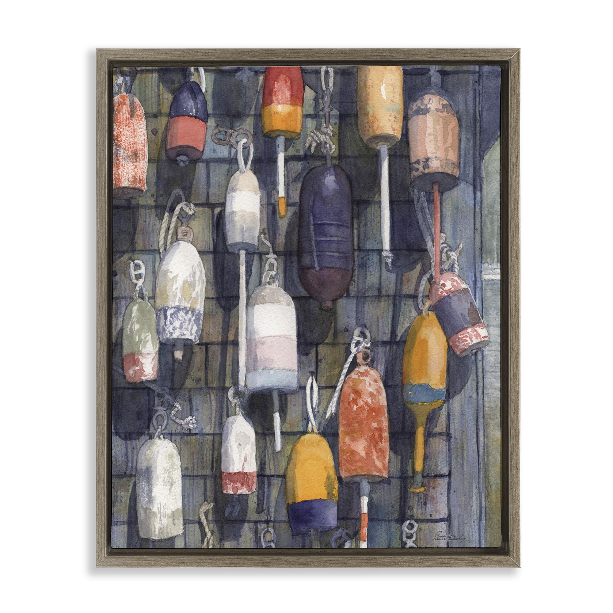 Stupell Industries Montalcino Elm (Textured) 'Watercolor Hanging Buoys', Floating Frame Canvas Art, Brown, 17 X 21 Inches, Easy To Hang And Sturdy, Made In Usa, By Patti Bishop