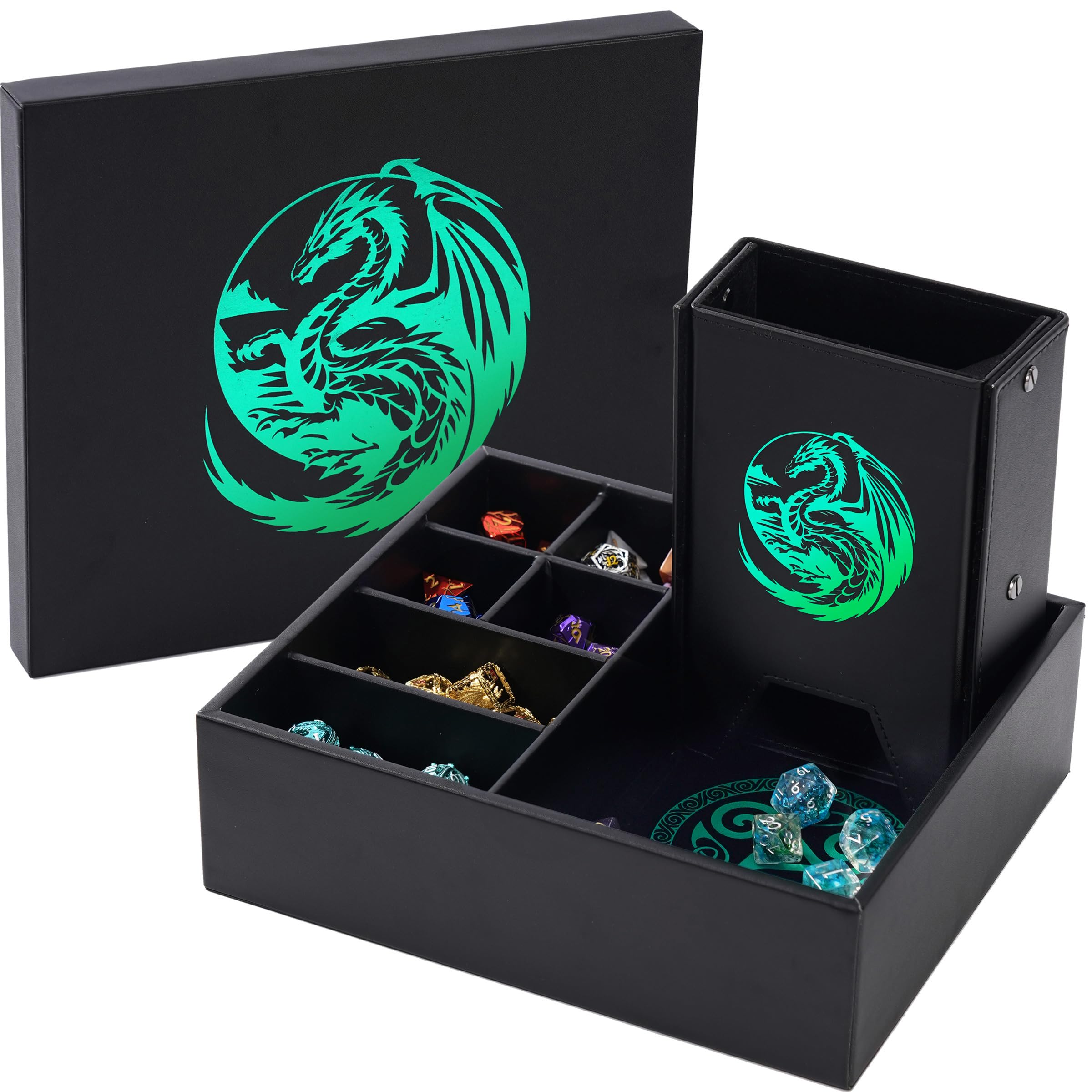 Dice Tray and Dice Tower for DND: All-in-One Tray, Storage & Large Tower for Random Rolls - Stores Your Sets, Mini's etc, Perfect for D&D and RPG Gift Accessories (Green Dragon)