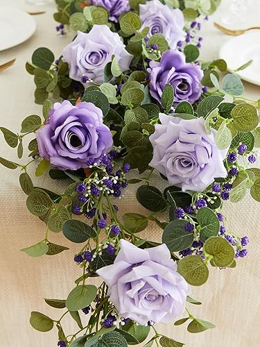 Miniatura 8 de Anna's Whimsy Guirnalda de eucalipto artificial de 5.91 pies con flores, decoración de gypsophila de rosas falsas para boda, primavera, hogar,