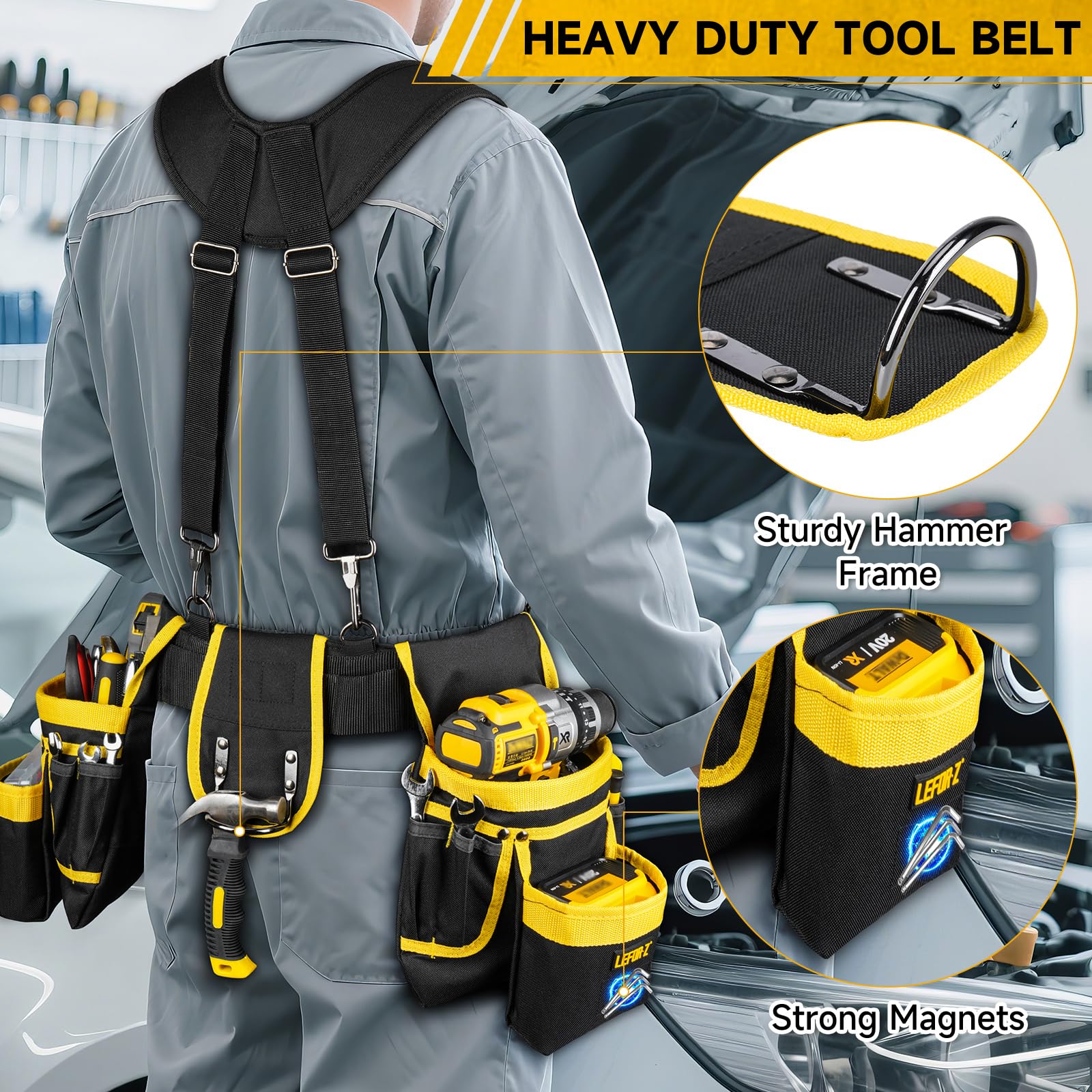 Ceinture à outils avec bretelles, 27 poches, ceinture à outils robuste pour homme avec pochette à outils magnétique, sac de ceinture de travail amovible et réglable pour électricien, charpentier