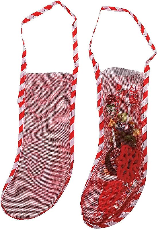 Fun Express Mini medias navideñas a granel, paquete de 10 - Medias navideñas de malla roja para regalos de fiesta en el aula de niños | Pequeñas bolsas de plástico de 12 pulgadas para dulces y golosinas | Suministros de decoración para fiesta de Navidad
