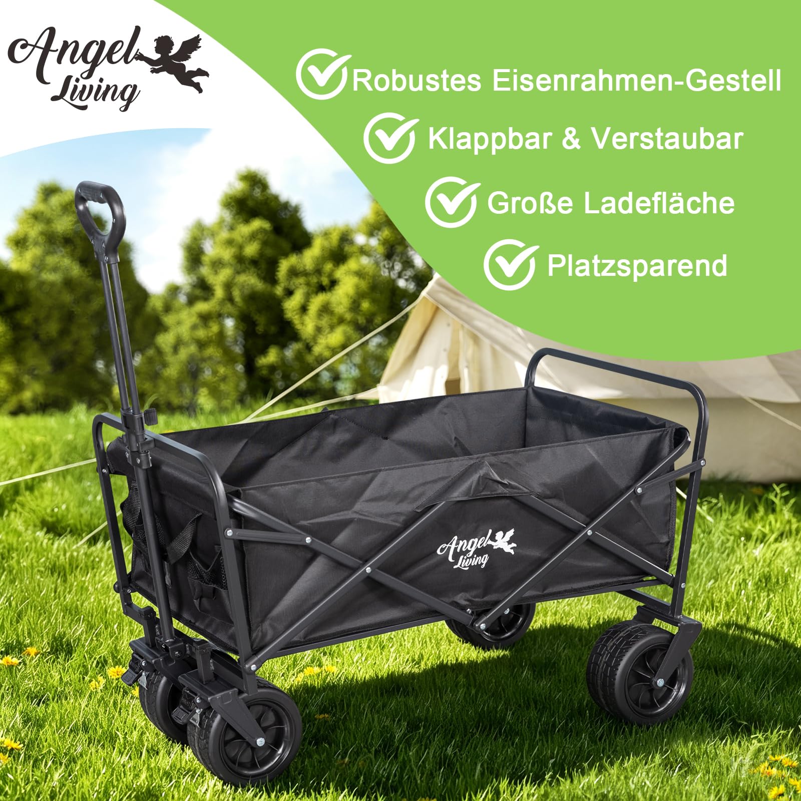 Angel Living Bollerwagen Faltbar 300L mit tragkraft 150KG, Handwagen Klappbar, Faltbarer Campingwagen mit Höhenverstellbarem Griff, Leicht und Platzsparend,Stabil
