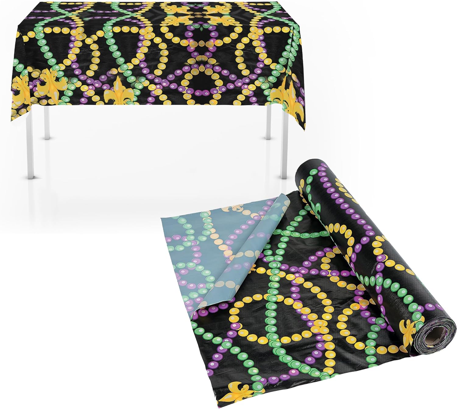 Fun Express Mardi Gras Beads Plastic Tablecloth Roll (100 feet Long) Party Decor