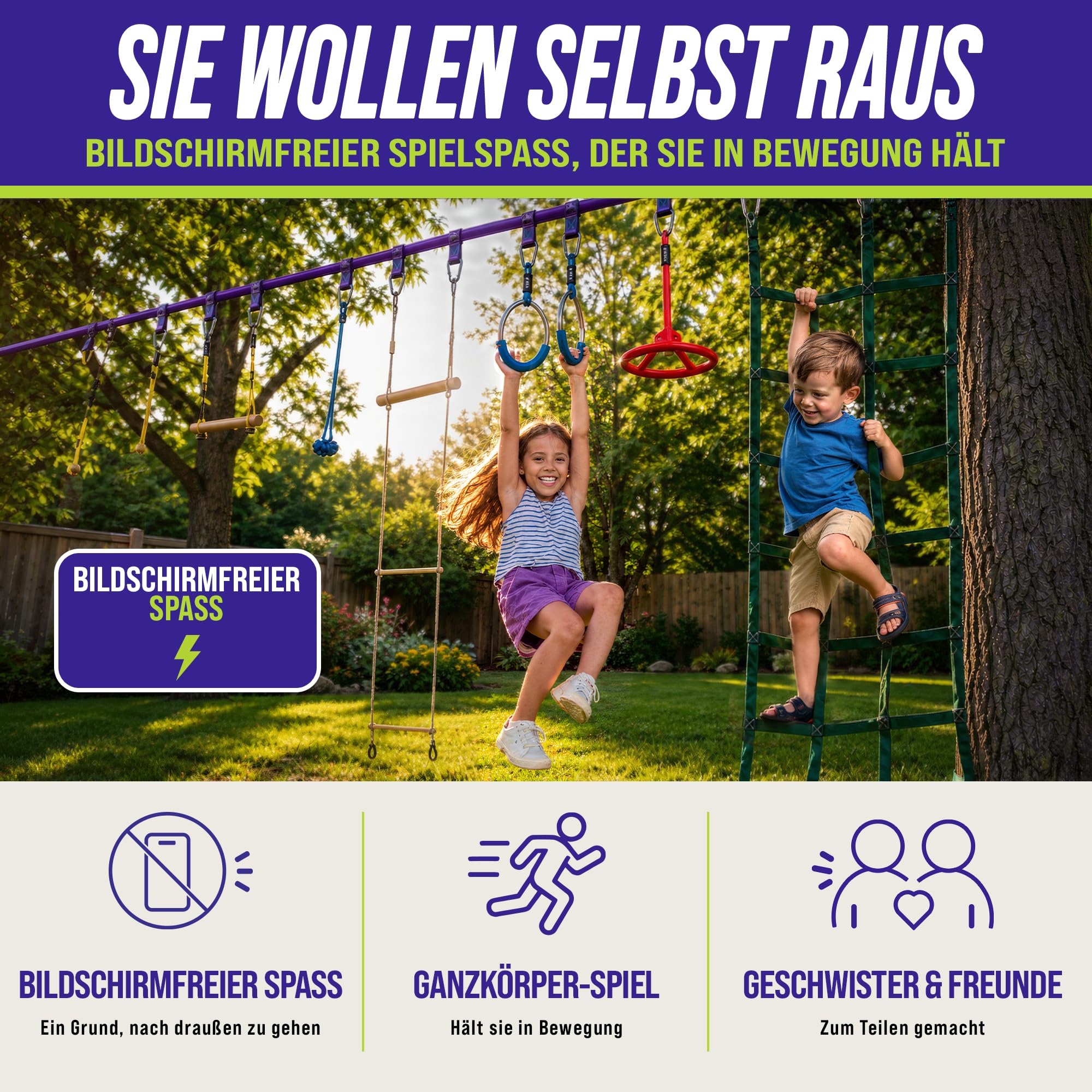 Trailblaze Ninja Warrior Hindernisparcours für Kinder – Fitnessgerät für den Garten mit 2 x 16,8 m Slacklines und 10 wetterfesten Hindernissen – Ninja Parcours für draußen