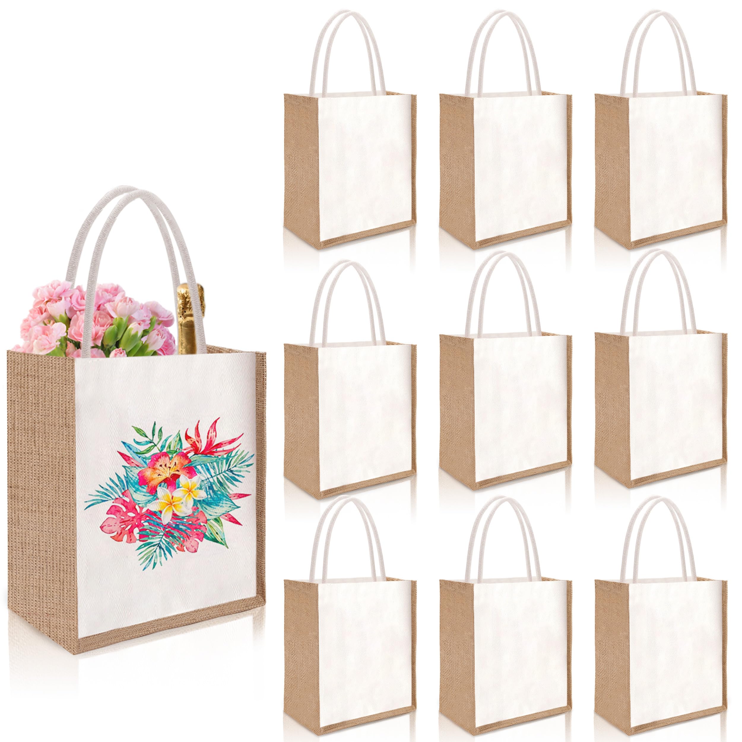 Joyclub 10 Pack Burlap Tote Bags Bulk Sublimation Blanks Reusable Canvas Grocery Jute Tote Bags with Handles for Beach Wedding Party Travel Shopping