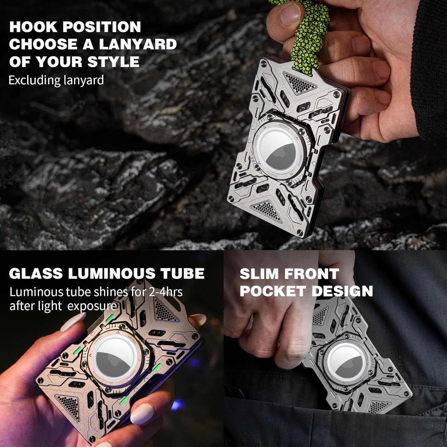 AirTag Wallet for Men – Slim Minimalist Metal Wallet with Carbon Fiber, RFID-Blocking Credit Card Holder, Front Pocket Wallet with Glass Luminous Tube & Hook Position Grey - Image 2