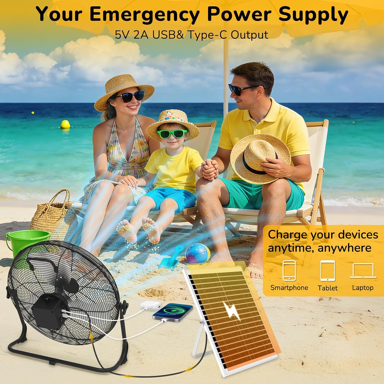 16" Solar Powered Floor Fan Rechargeable, Battery Operated Floor Fans Outdoor with USB&Type C Output, 4-25H Runtime, Cordless,Quiet, for Outside Camping Greenhouse Shed Home Garage