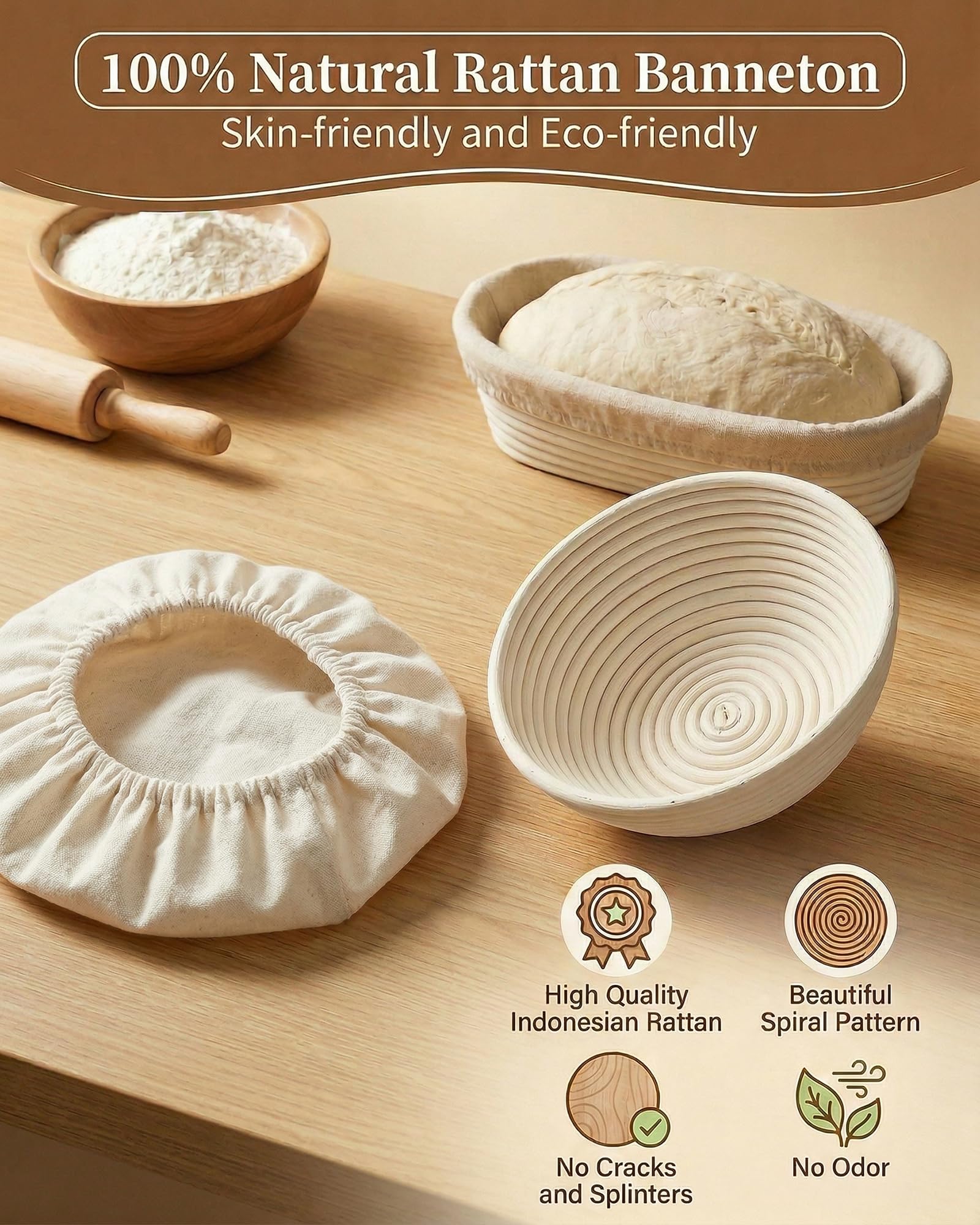 Cestini Lievitazione Pane Set, Cestino Lievitazione Pane Ovale 25cm e Rotondo 23cm con Coltello da Pane, Panni di Lievitazione, Sacchetti per il Pane, Raschietto per Impasto, Frusta