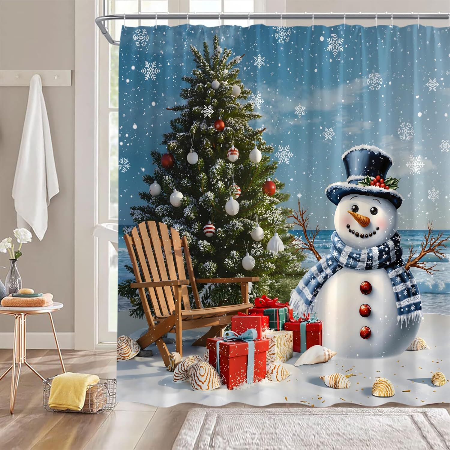 Christmas Tree Shower Curtain Cute Winter Xmas Snowman Snowflake Ocean Beach Chair Seashell 70" Wx84 H Fabric Bathroom Decor Curtain with Hooks