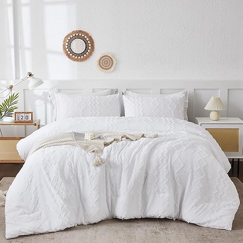 Miniatura 9 de Juego de edredón bohemio con copetudo, color blanco, tamaño King, ropa de cama moderna de jacquard con patrón geométrico de diamante, edredón