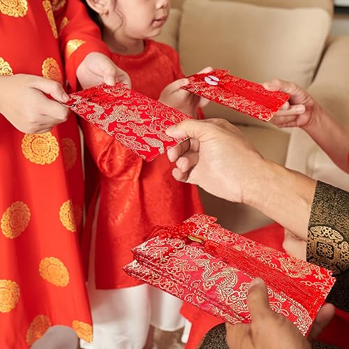 Miniatura 7 de Sobre de seda rojo chino para Año Nuevo sobres de dinero de la suerte 12 unidades papel de regalo de bolsillo Hong Bao para boda cumpleaños festival