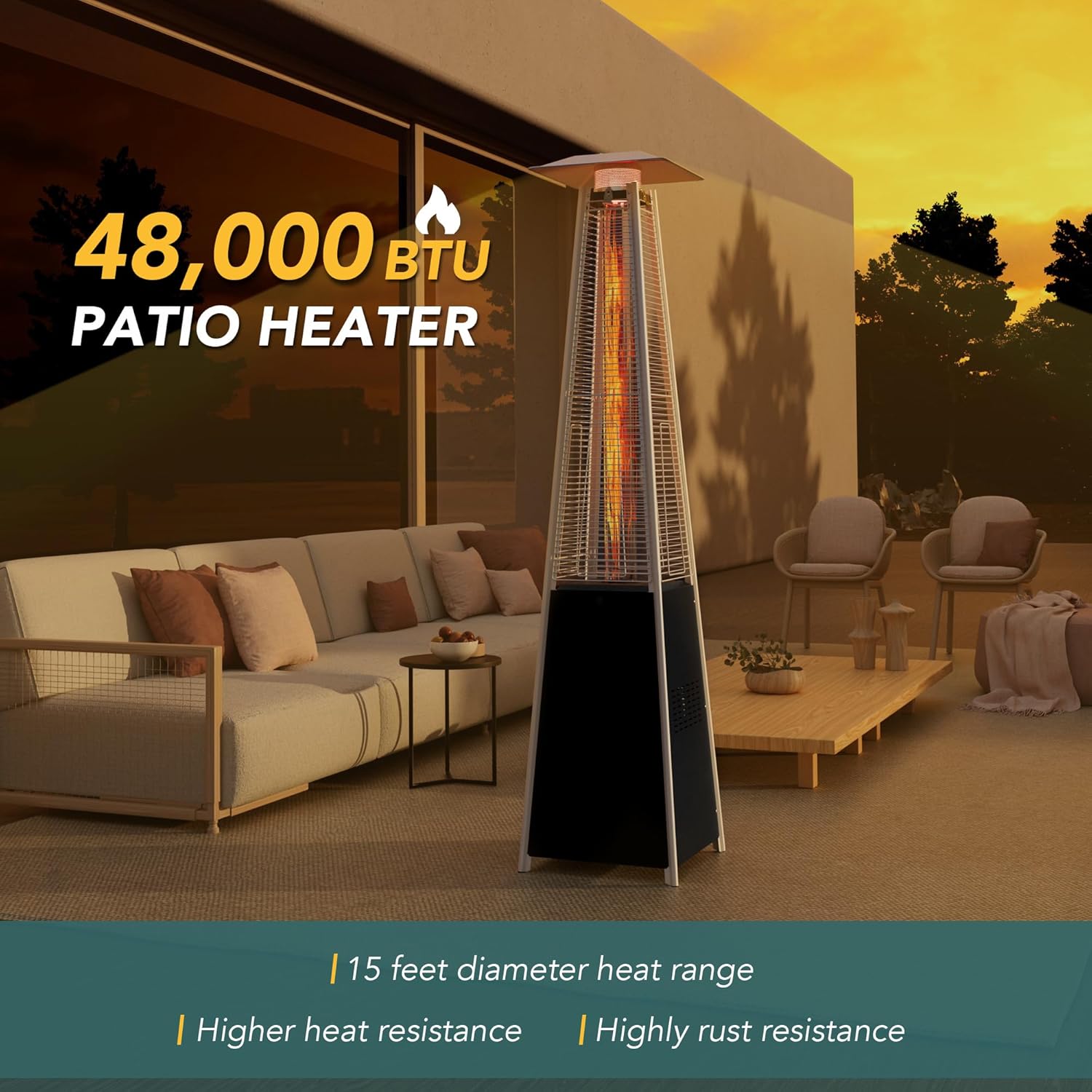 Image highlighting the 48,000 BTU output and 15-foot diameter heat range of the patio heater.