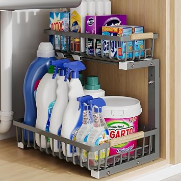 Under Sink Organizer Storage for Families Pull Out Storage Undersink Organizers Drawer Cabinet - Sliding 2 Tier Rack Metal Organization Under Counter Kitchen Bathroom for HomemakersGray,1 Pack