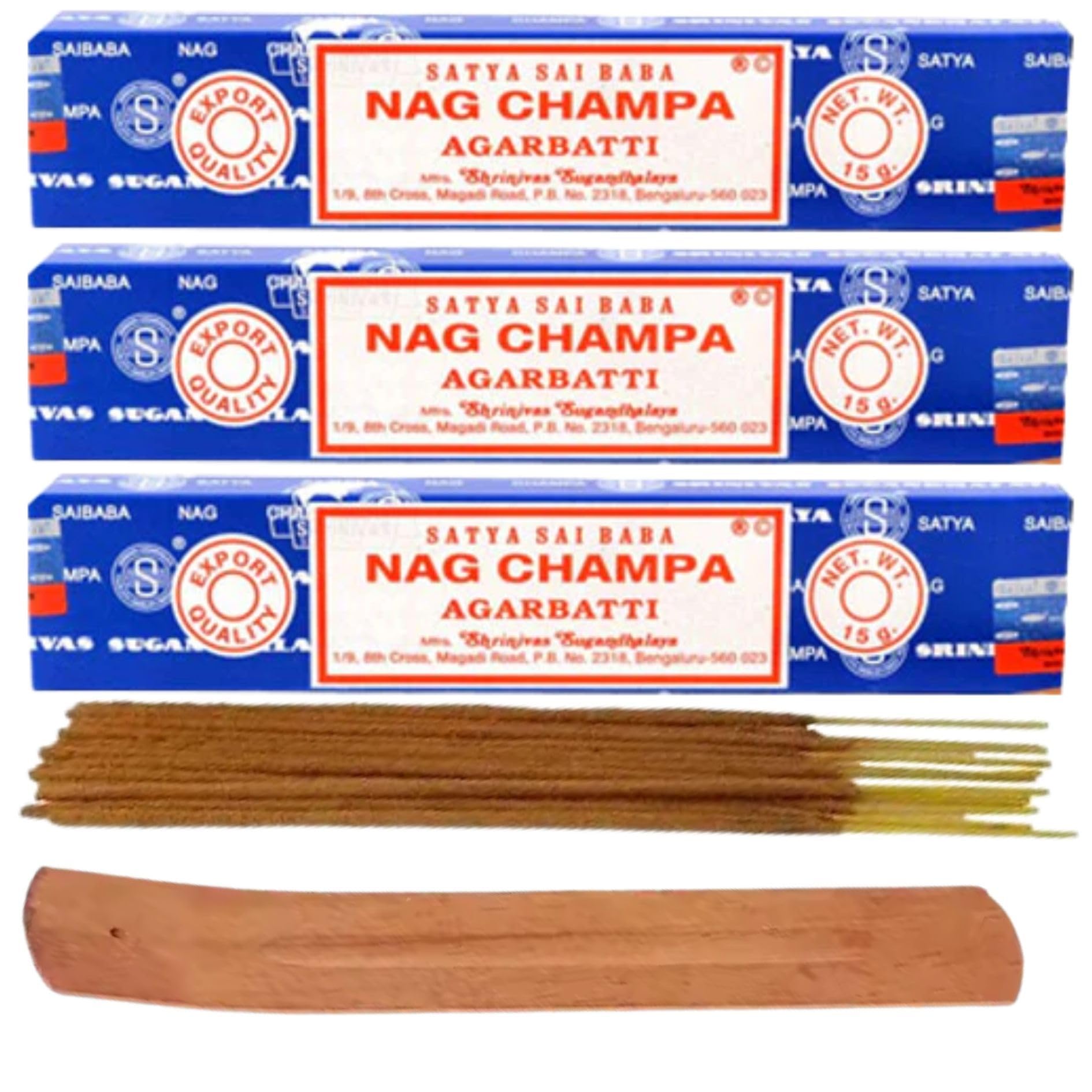 Satya Nag Champa Incense Sticks Pack of 3 X 15G with Free Holder Agarbatti for Home, Outdoor, Aromatherapy, Spa, Yoga, Meditation, Healing (Nag Champa PACK OF 3 Free Holder)