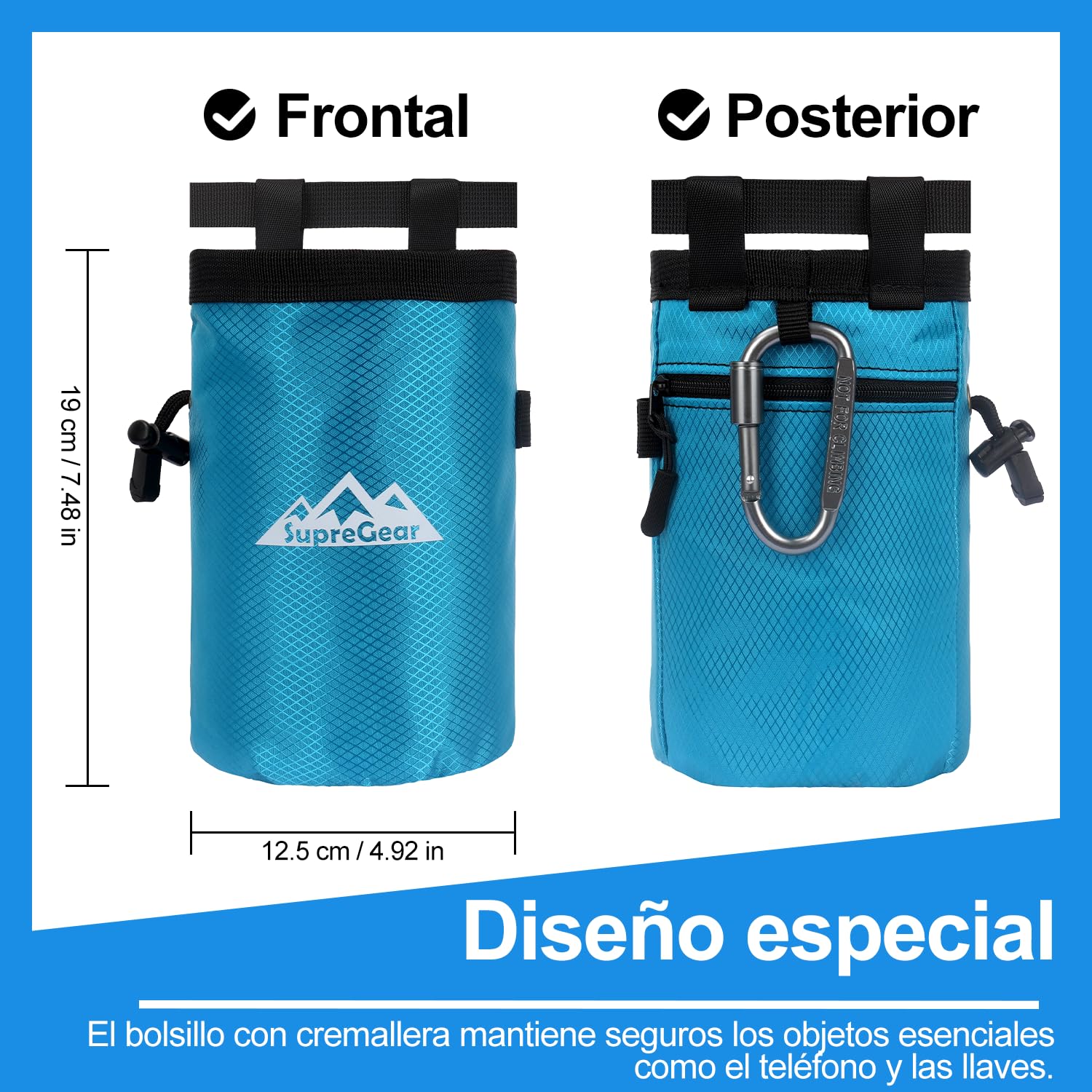Supregear Bolsa de Magnesio para Escalada en Roca, Bolsillo Grande con Cremallera, Cierre de Cordón y Mosquetón
