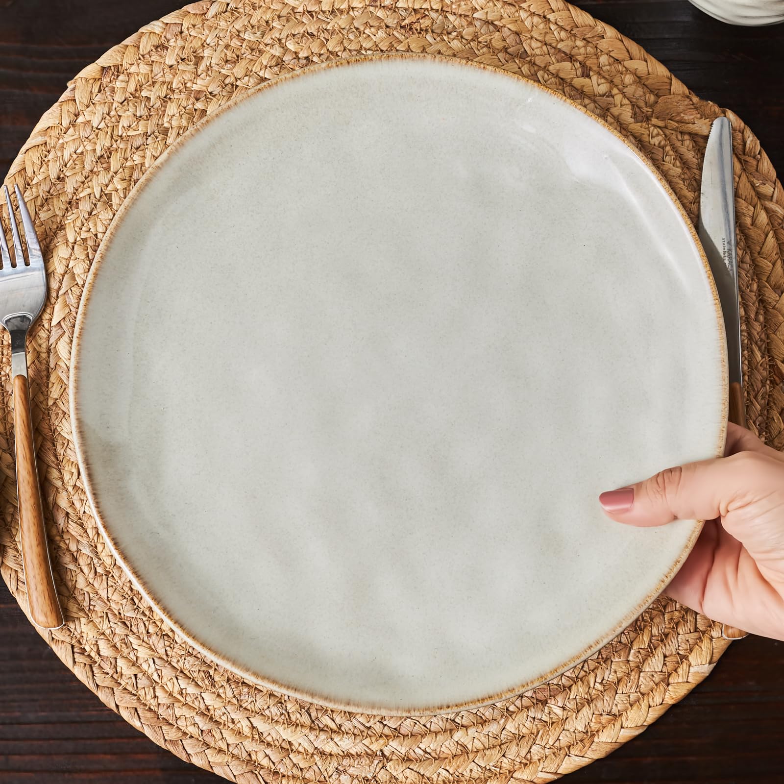 KARACA Aria Reactive Glaze Dinner Plate, 27cm, Elegant Large Round Serving Plates for Steak, Salad, Pasta, Pizza, Dishwasher & Microwave Safe, Beige
